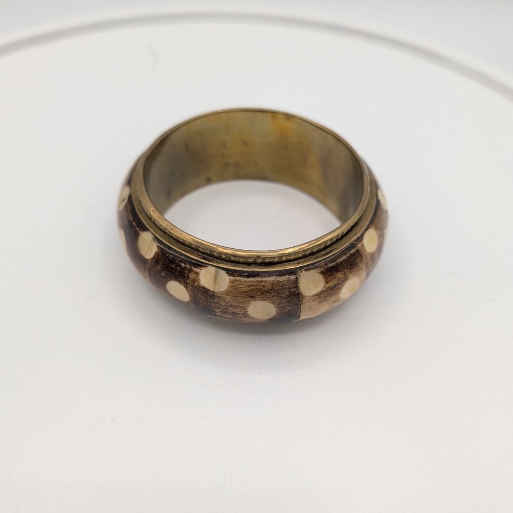 Vintage Brass Bangle Bracelet Inlaid‎ Batik Bone Polka Dot Boho Ethnic 7.5 - Picture 5 of 10